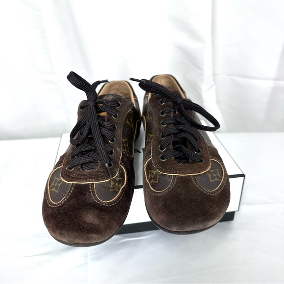Louis Vuitton Brown Suede LV Monogram Canvas sneakers Size 36 US 6 6.5 7 *read - Picture 2 of 10